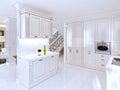 Spacious white kitchen in the art Deco style.