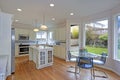 Spacious white kitchen interior with kitchen island.