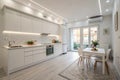 Spacious white kitchen after renovation Royalty Free Stock Photo