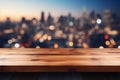 Spacious Wood Tabletop in Modern Kitchen with Cityscape View from Panoramic Window Royalty Free Stock Photo