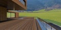 Spacious wooden deck. Project of a country private house. Glass and metal railing. Wall decoration facade board. Foothills covered