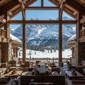 A spacious wooden lodge interior with large, triangular windows provides a stunning Royalty Free Stock Photo