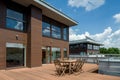 Spacious wooden terrace in modern building