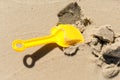 Spade digs wet sand. Playing on the beach in summer.