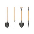 Spade shovel with wooden handle isolated on white, hand tool set 3d model realistic vector illustration Royalty Free Stock Photo