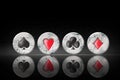 Spades, Herats, Diamonds and Clubs, vintage, grunge, stone poker chips, on a black background. Copy space. Reflection Poker