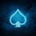 Spades, neon icon, suit on grunge blue background. Poker. Black Jack. Gambling