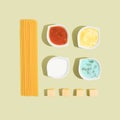 Spagetti, four sauces and cheese. Top view. Cooking concept Royalty Free Stock Photo