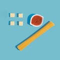 Spagetti, tomato sauce and cheese. Blue background. Copy space. Top view