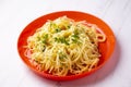 Spaghetti aglio e olio is a traditional Italian pasta dish from Naples. Royalty Free Stock Photo