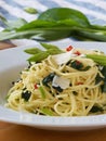 Spaghetti aglio olio peperoncino with wild garlic Royalty Free Stock Photo