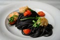 Spaghetti al Nero di Seppia with Squid Ink and Prawns