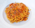 Spaghetti all`Amatriciana, Italian gourmet pasta plate Royalty Free Stock Photo