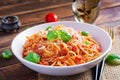 Spaghetti alla Amatriciana with guanciale, tomatoes and pecorino cheese.