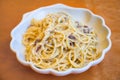 Spaghetti alla carbonara on plate in Sicily Royalty Free Stock Photo