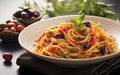 Spaghetti alla Puttanesca Elevated with Tomatoes, Olives, Capers, and Italian Flat-Leaf Parsley, Crafted to Culinary Perfection