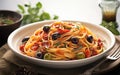 Spaghetti alla Puttanesca Elevated with Tomatoes, Olives, Capers, and Italian Flat-Leaf Parsley, Crafted to Culinary Perfection