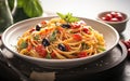 Spaghetti alla Puttanesca Elevated with Tomatoes, Olives, Capers, and Italian Flat-Leaf Parsley, Crafted to Culinary Perfection