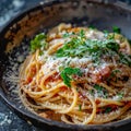 Spaghetti with Amatriciana sauce, grated cheese and greens. Traditional homemade pasta with salsa alla matriciana Royalty Free Stock Photo