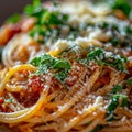 Spaghetti with Amatriciana sauce, grated cheese and greens. Traditional homemade pasta with salsa alla matriciana Royalty Free Stock Photo