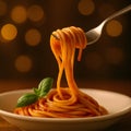 Spaghetti being twirled on fork with basil and golden bokeh, AI generated Royalty Free Stock Photo