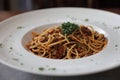 Spaghetti bolognese with beef tometo sauce on wooden table , italian food Royalty Free Stock Photo