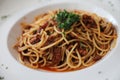 Spaghetti bolognese with beef tometo sauce on wooden table , italian food Royalty Free Stock Photo