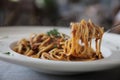 Spaghetti bolognese with beef tometo sauce on wooden table , italian food Royalty Free Stock Photo