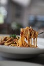 Spaghetti bolognese with beef tometo sauce on wooden table , italian food Royalty Free Stock Photo