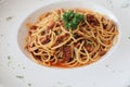 Spaghetti bolognese with beef tometo sauce on wooden table , italian food Royalty Free Stock Photo