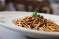 Spaghetti bolognese with beef tometo sauce on wooden table , italian food Royalty Free Stock Photo