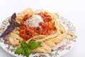 Spaghetti bolognese with cheese and basil Royalty Free Stock Photo