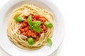 Spaghetti Bolognese with cheese and basil Royalty Free Stock Photo