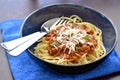 Spaghetti bolognese with cheese.  Traditional Italian food. Royalty Free Stock Photo