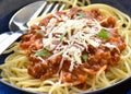 Spaghetti bolognese with cheese.  Traditional Italian food. Royalty Free Stock Photo