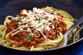 Spaghetti bolognese with cheese.  Traditional Italian food. Royalty Free Stock Photo