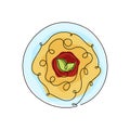 Spaghetti bolognese. Color doodle icon, black one continuous line. Stylized plate of pasta with red tomato sauce, green basil Royalty Free Stock Photo