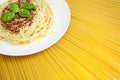 Spaghetti Bolognese on Display of Dried Pasta