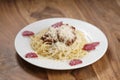 Spaghetti bolognese with fuet sausage