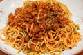 Spaghetti bolognese - Italian traditional dish. Mediterranean cuisine with pasta ingredients - bolognese sauce, olive Royalty Free Stock Photo