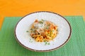 Spaghetti bolognese - Italian traditional dish. Mediterranean cuisine with pasta ingredients - bolognese sauce, olive oil and Royalty Free Stock Photo