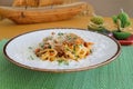 Spaghetti bolognese - Italian traditional dish. Mediterranean cuisine with pasta ingredients - bolognese sauce, olive oil and Royalty Free Stock Photo