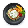 Spaghetti Bolognese Lentil Curry Sauce ontop Yogurt Sauce and leaf mint Royalty Free Stock Photo