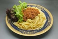 Spaghetti Bolognese, meat tomato sauce with lettuce