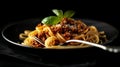 Spaghetti bolognese with minced pork meat and parmesan, basil on top. Black plate and dark setting