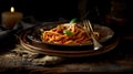 Spaghetti bolognese with minced pork meat and parmesan, basil on top. Rustic plate and dark setting