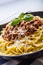 Spaghetti Bolognese. Pasta spaghetti Bolognese with basil and decoration in restaurant or home