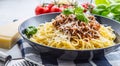 Spaghetti Bolognese. Pasta spaghetti Bolognese with basil and decoration in restaurant or home