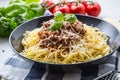 Spaghetti Bolognese. Pasta spaghetti Bolognese with basil and decoration in restaurant or home