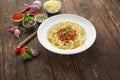 Spaghetti bolognese pasta with tomato sauce and minced meat, parmesan cheese and fresh basil - homemade italian pasta on Royalty Free Stock Photo